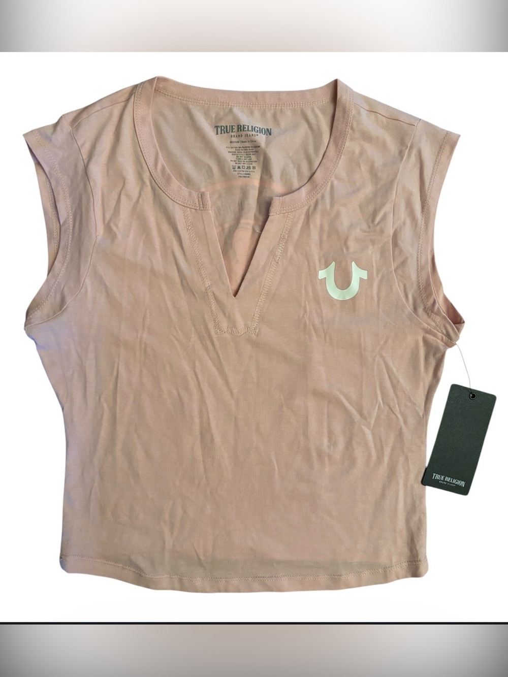 True Religion | Dull Pink V Neck Notch Cap Sleeve Tee | Fat Buddah W Guitar NWT